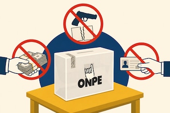 Una ánfora con el logo de la ONPE sobre una mesa, rodeada por tres símbolos de prohibición con dinero, un documento y un arma.