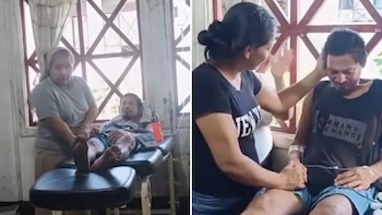Díptico. Hombre recostado en camilla con una mujer que le atiende los pies. Hombre sentado con suero, una mujer le toma la mano y le toca la cabeza