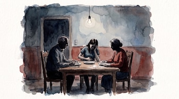 Tres personas sentadas a una mesa de madera frente a platos vacíos bajo una bombilla encendida en una habitación oscura.