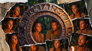 Collage de trozos de papel con retratos de hombres y mujeres en la selva alrededor de un gran disco de piedra tallado.