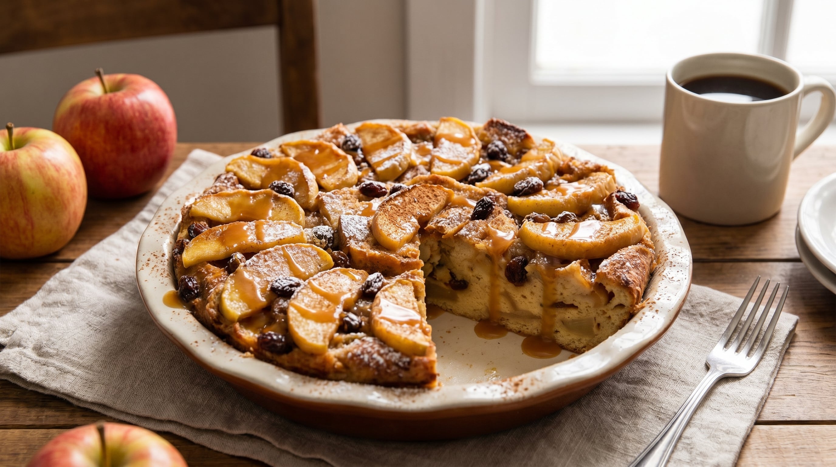 Un delicioso budín de pan con manzanas y pasas, adornado con salsa de caramelo y azúcar glas, se presenta en una mesa de madera junto a manzanas frescas y café. (Imagen Ilustrativa Infobae)
