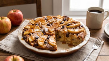 Un budín de pan con manzanas y una porción cortada en un plato, rociado con caramelo, junto a manzanas enteras y una taza de café en una mesa de madera.