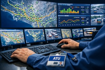 Vista cercana de un operador con credencial de la ATU manipulando teclado y mouse, frente a un muro de pantallas mostrando mapas de tráfico y datos en tiempo real.