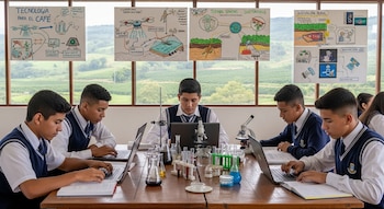 Cinco estudiantes uniformados trabajan con laptops y material de laboratorio en una mesa. Hay carteles de tecnología cafetera y un paisaje rural de fondo.