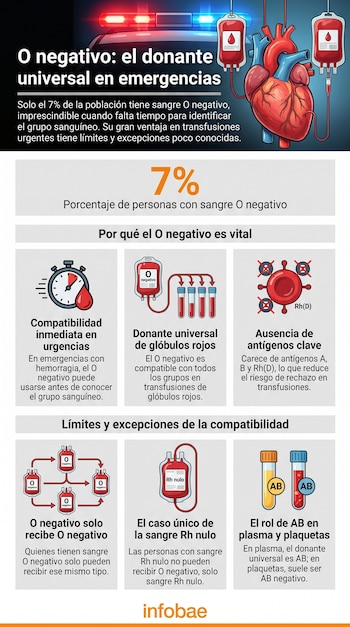 Una infografía sobre el grupo sanguíneo O negativo. Incluye texto, un corazón humano, bolsas de sangre, tubos de ensayo, un cronómetro, una célula de sangre y un logo de Infobae.