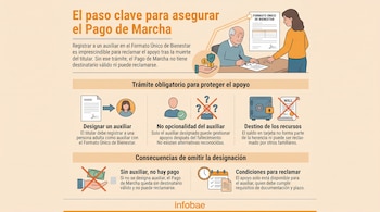 Infografía ilustra a un hombre firmando un documento asistido por una mujer, explicando los pasos y consecuencias de designar o no un auxiliar para el Pago de Marcha.
