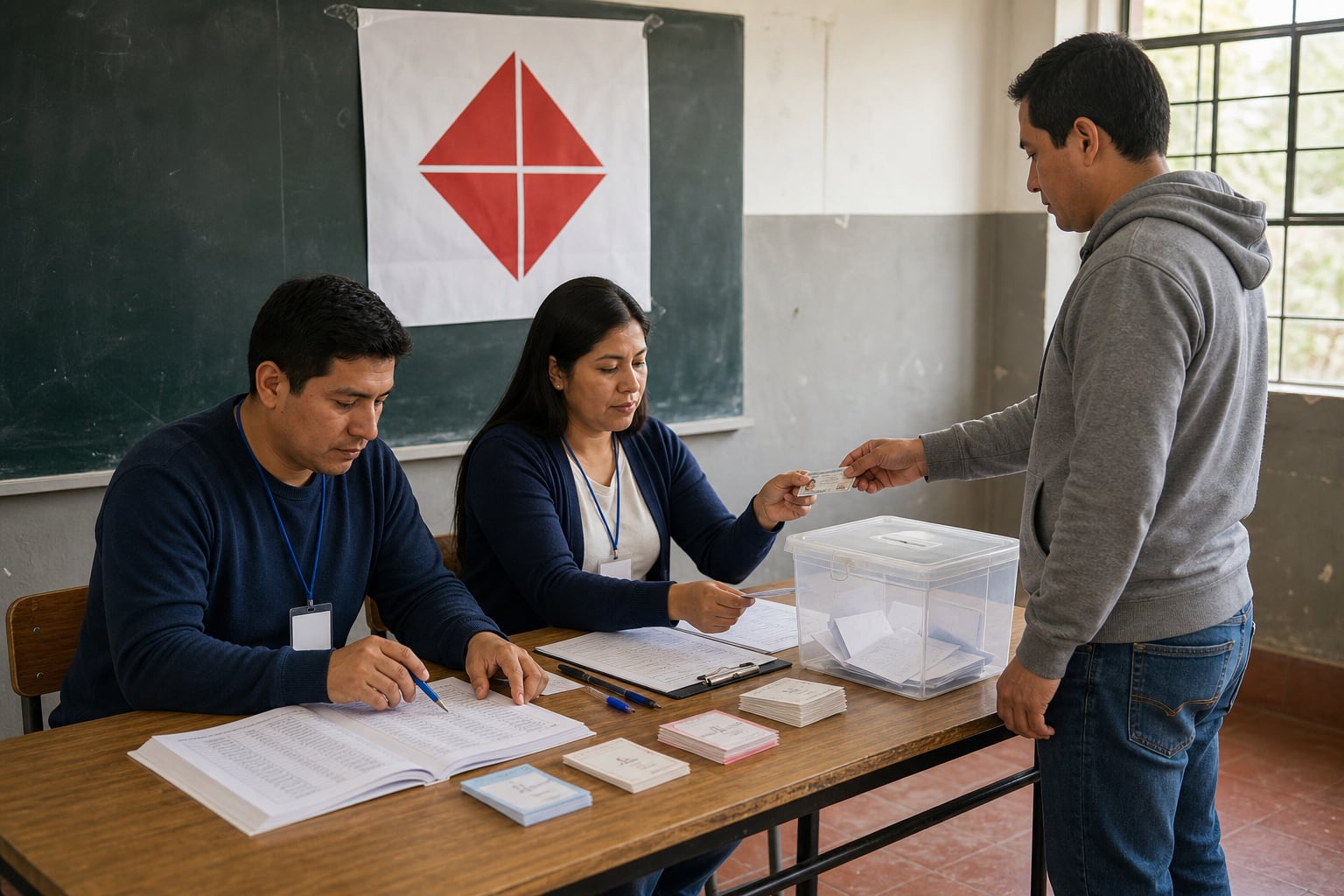 Un elector entrega su documento nacional de identidad a los miembros de una mesa de sufragio en un centro de votación en Perú. (Imagen Ilustrativa Infobae)