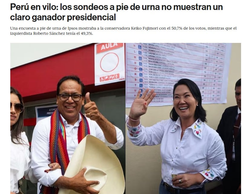 Bloomberg Línea: Perú en vilo: los sondeos no muestran un ganador claro entre Fujimori y Sánchez. (Foto: Bloomberg Línea)