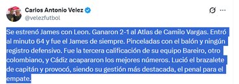 La crítica de Carlos Antonio Vélez a James Rodríguez por no tener un registro defensivo, en ese momento, en su debut en León de México - crédito @velezfutbol/X
