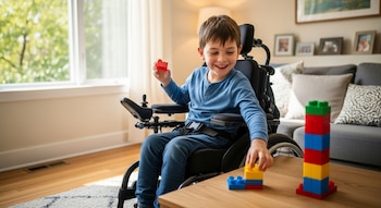 Niño de unos 6 años, con camiseta azul y vaqueros, sentado en una silla de ruedas adaptada, sonriendo mientras juega con bloques de colores en una mesa de madera.