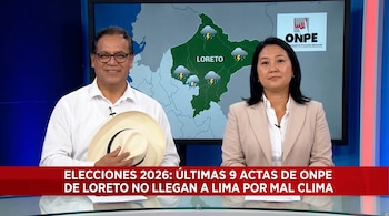 Dos presentadores de noticias, un hombre y una mujer, frente a una pantalla con el mapa de Loreto y el logo de ONPE, informan sobre el clima.