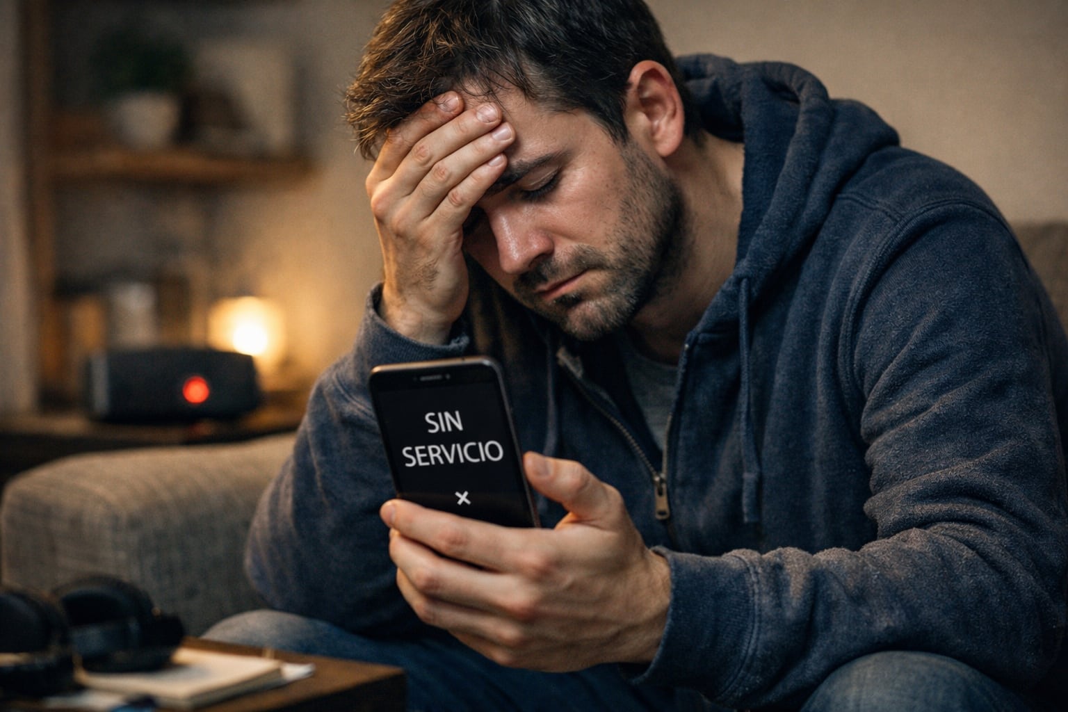Un hombre con rostro preocupado mira su teléfono móvil, el cual exhibe el mensaje