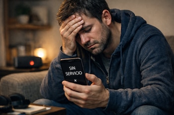 Hombre joven con barba y sudadera azul sentado en un sofá, mira la pantalla de su teléfono móvil con el texto "Sin servicio".