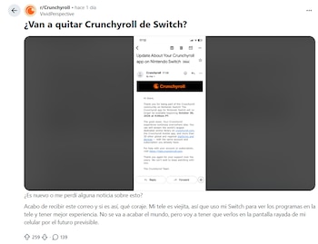 Captura de pantalla de una publicación en la plataforma Reddit que incluye un correo electrónico de Crunchyroll en inglés