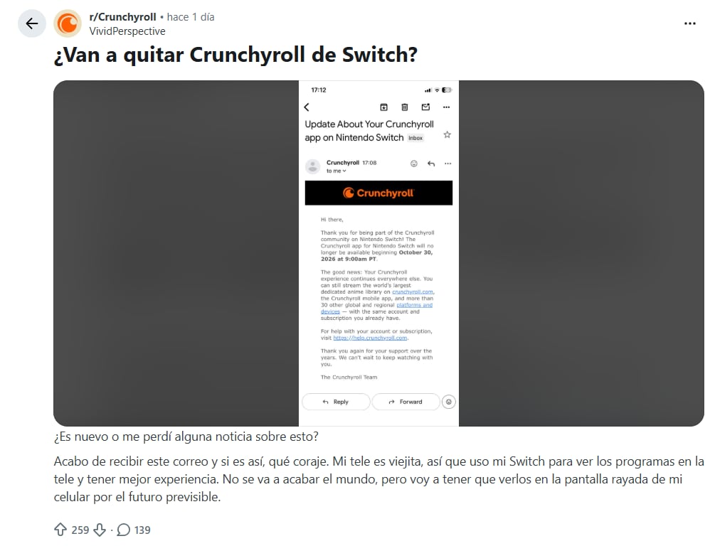 Usuarios en redes sociales criticaron el retiro de Crunchyroll de Switch. (Reddit)