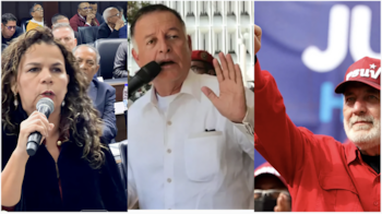 Collage de tres imágenes. Una mujer con micrófono en un foro, un hombre con micrófono y mano alzada, otro hombre con gorra roja y puño