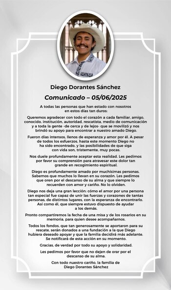 Familiares del joven difundieron un comunicado en redes sociales. (Facebook Support Diego Dorantes)