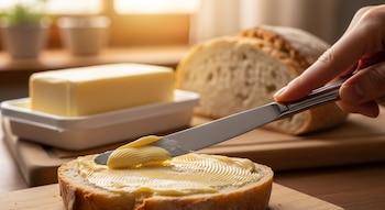Primer plano de una mano untando margarina dorada con un cuchillo plateado sobre una rebanada de pan rústico; al fondo, una barra de mantequilla y más pan.