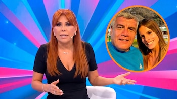 Magaly Medina gesticula frente a un fondo de colores mientras un recuadro circular muestra a un hombre y una mujer sonriendo.