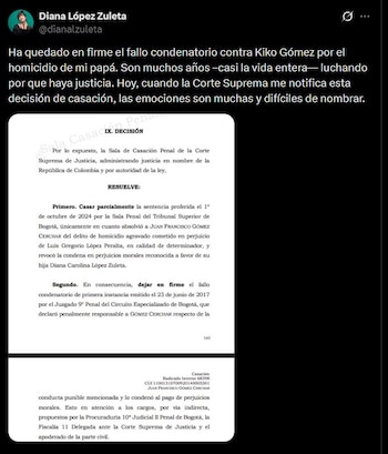 La periodista Diana López Zuleta enfrentó amenazas, miedo y críticas familiares durante décadas de búsqueda de justicia por el asesinato de su padre - crédito @dianalzuleta/X