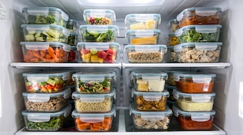 Interior de refrigerador. Estantes con recipientes transparentes de tapas celestes. Contienen vegetales picados, frutas, queso, legumbres, granos y comidas cocinadas.