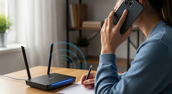 Vista lateral de una persona sentada en un escritorio de madera, sosteniendo un teléfono móvil en su oído y un bolígrafo sobre papel, junto a un router Wi-Fi negro encendido.