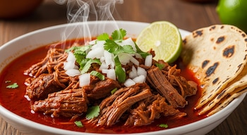 Un cuenco blanco contiene birria de res humeante, carne deshebrada en caldo rojo, cubierta con cebolla picada y cilantro, con una rodaja de lima y tortillas al lado.