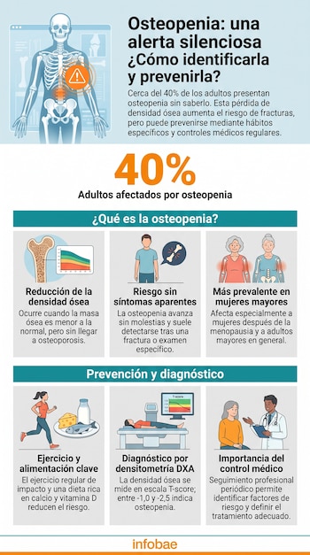 Infografía sobre osteopenia con un esqueleto humano, datos del 40% de adultos afectados, ilustraciones de causas, síntomas, diagnóstico y prevención.