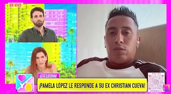 Pantalla dividida de televisión con dos presentadores a la izquierda, un hombre en videollamada a la derecha y un rótulo informativo inferior