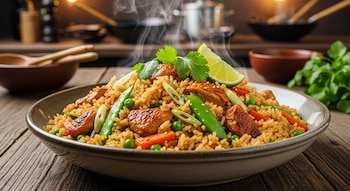 Plato de arroz con pollo oriental humeante con zanahorias, guisantes, judías verdes y cebolletas, decorado con lima y cilantro sobre una mesa de madera.