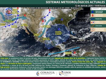 Mapa meteorológico de México con sistemas de alta y baja presión, frente frío, vaguada y corrientes en chorro. Leyenda y texto explicativo en español