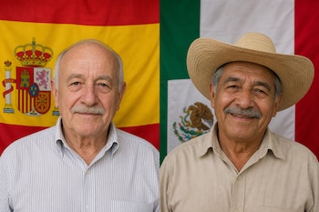 Dos hombres mayores con bigote, uno con camisa a rayas ante la bandera de España y otro con sombrero claro ante la bandera de México.