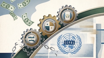 Engranajes con banderas de Nicaragua, Panamá y Guatemala, billetes de dólar volando, logo de la CEPAL y cadenas rotas sobre fondo con formas abstractas.