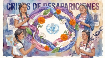 Acuarela de cuatro mujeres mexicanas en atuendos tradicionales, rodeando cintas y flores, con el logo de la ONU. Carteles de "Missing" y una cadena rota.