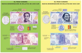 Imagen difundida por el Banco Central de Cuba (BCC) de dos nuevos billetes de 2.000 y 5.000 pesos cubanos (CUP) -la moneda oficial-que entrarán en circulación de forma gradual a partir del 1 de abril
EFE/ BBC