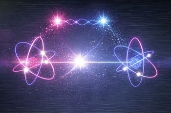 Ilustración digital de dos estructuras atómicas brillantes (magenta y azul) unidas por líneas de energía y partículas luminosas en un espacio oscuro.