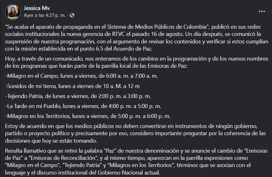 Una de las periodistas de las emisoras de paz cuestionó la decisión del cambio de nombre y programas con palabras que hacen parte del lenguaje del Gobierno nacional por su frase