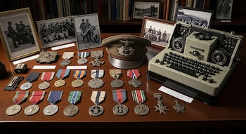 Sobre una mesa de madera se exhiben medallas militares, insignias, una gorra de oficial y una máquina Enigma; al fondo, estantes con libros y fotografías antiguas.