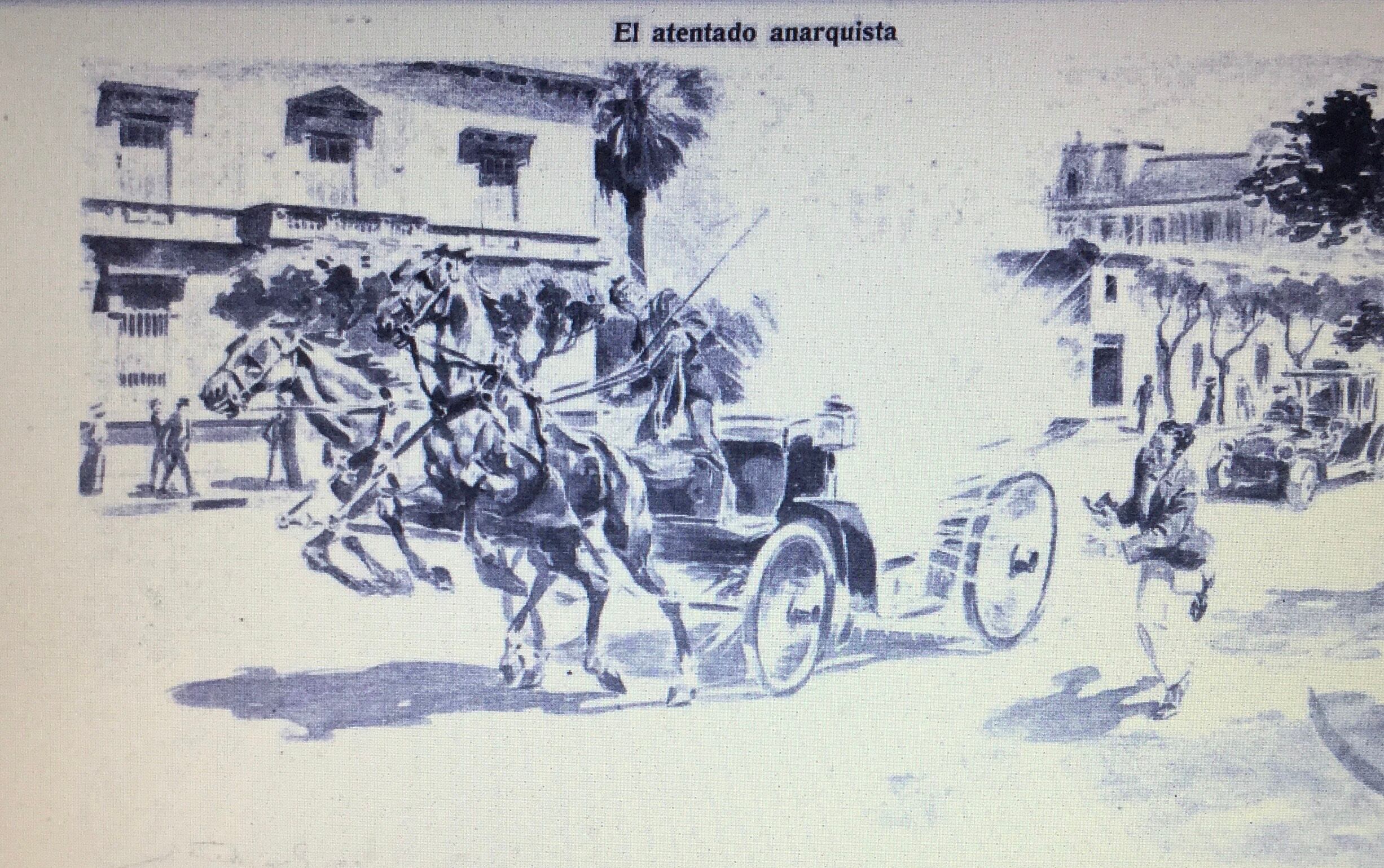 Dibujo publicado en Caras y Caretas, en el que se recrea el momento del atentado a Falcón