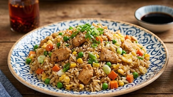 Plato de arroz frito con pollo, guisantes, zanahorias, maíz, huevo, cebollín y sésamo. Al fondo, botella de aceite de chile y cuenco de salsa de soja