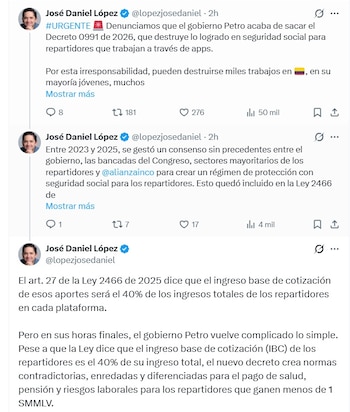 José Daniel López, presidente ejecutivo de Alianza IN, dijo que el Gobierno Petro destruyó lo logrado en seguridad social para repartidores que trabajan a través de apps - crédito @LopezJoseDaniel/X