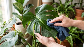 Dos manos sostienen y limpian una hoja verde de monstera con un trapo azul frente a varias macetas junto a una ventana.