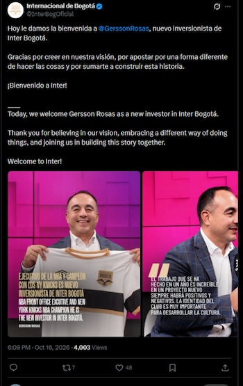 El cuadro bogotano anunció la llegada de Gersson Rosas como inversionista-crédito @InterBogOficial/X