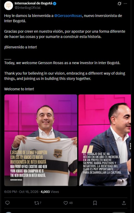 El cuadro bogotano anunció la llegada de Gersson Rosas como inversionista-crédito @InterBogOficial/X