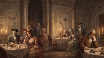 Salón con personas enmascaradas y con vestuario de época en mesas con comida y candelabros. Máscaras en el suelo y carteles rasgados en las paredes.