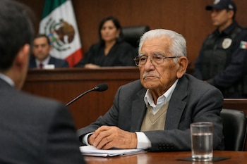 Primer plano de un adulto mayor con gafas sentado en un juicio en México, con las manos entrelazadas sobre papeles frente a un micrófono y un vaso de agua.
