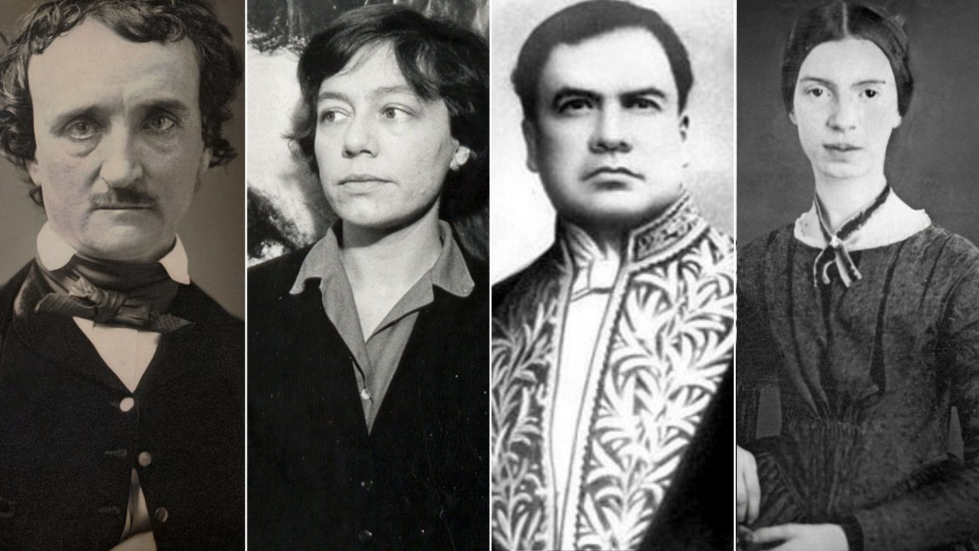 De izquierda a derecha: los poetas Edgar Allan Poe, Alejandra Pizarnik, Rubén Darío y Emily Dickinson. (Montaje de Infobae España)