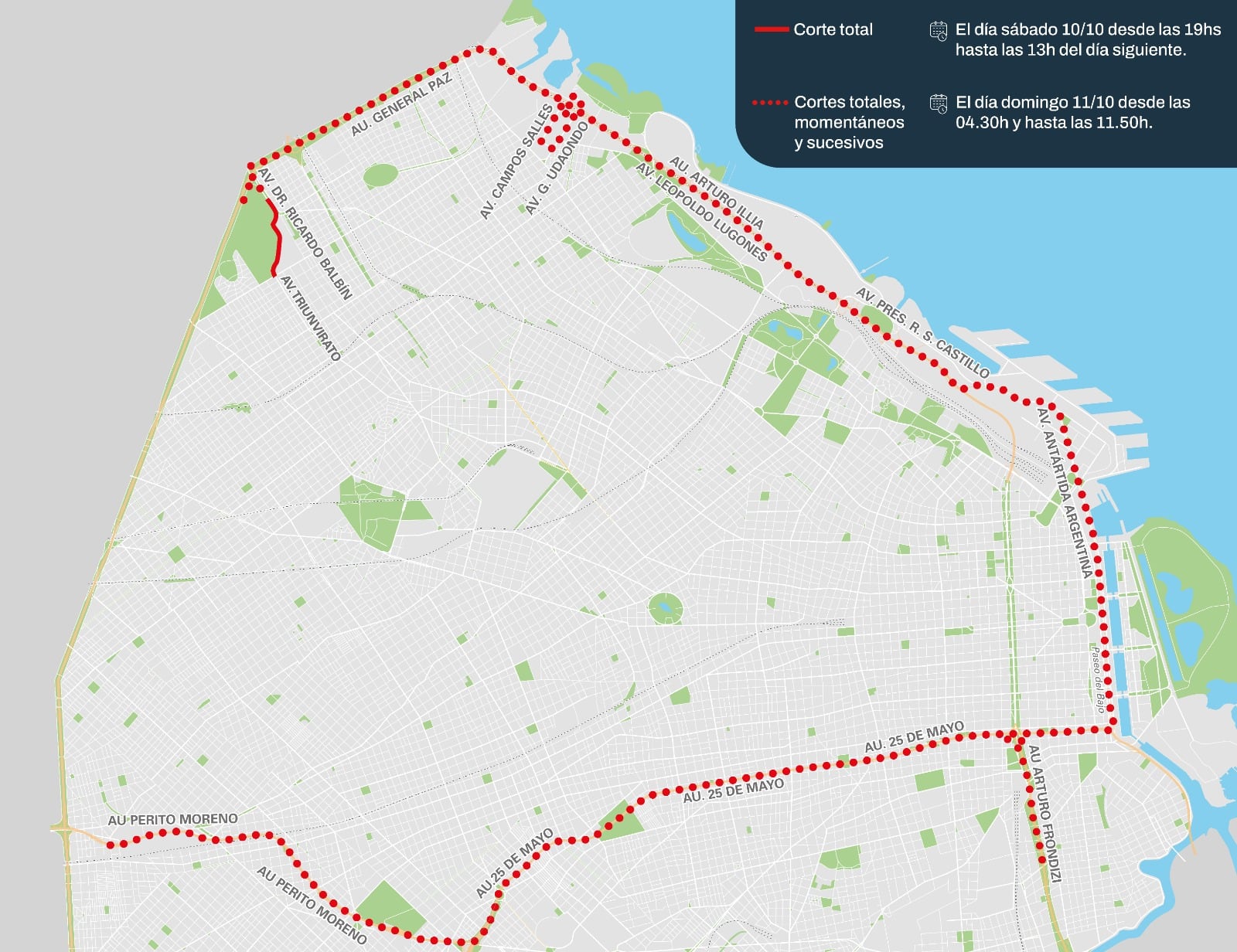 Un mapa detalla los tramos de avenidas y autopistas con cortes de tránsito totales y momentáneos previstos en Buenos Aires durante el fin de semana. (Gran Fondo Argentina)