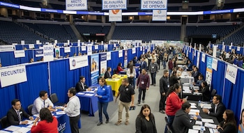 Feria de empleo en Amerant Bank Arena, con mesas de reclutadores, candidatos latinos conversando y entregando currículums, y asientos del estadio al fondo.