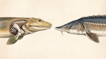 Ilustración de dos peces de perfil enfrentados sobre fondo beige, uno con un corte interno que expone huesos y otro con placas dorsales.